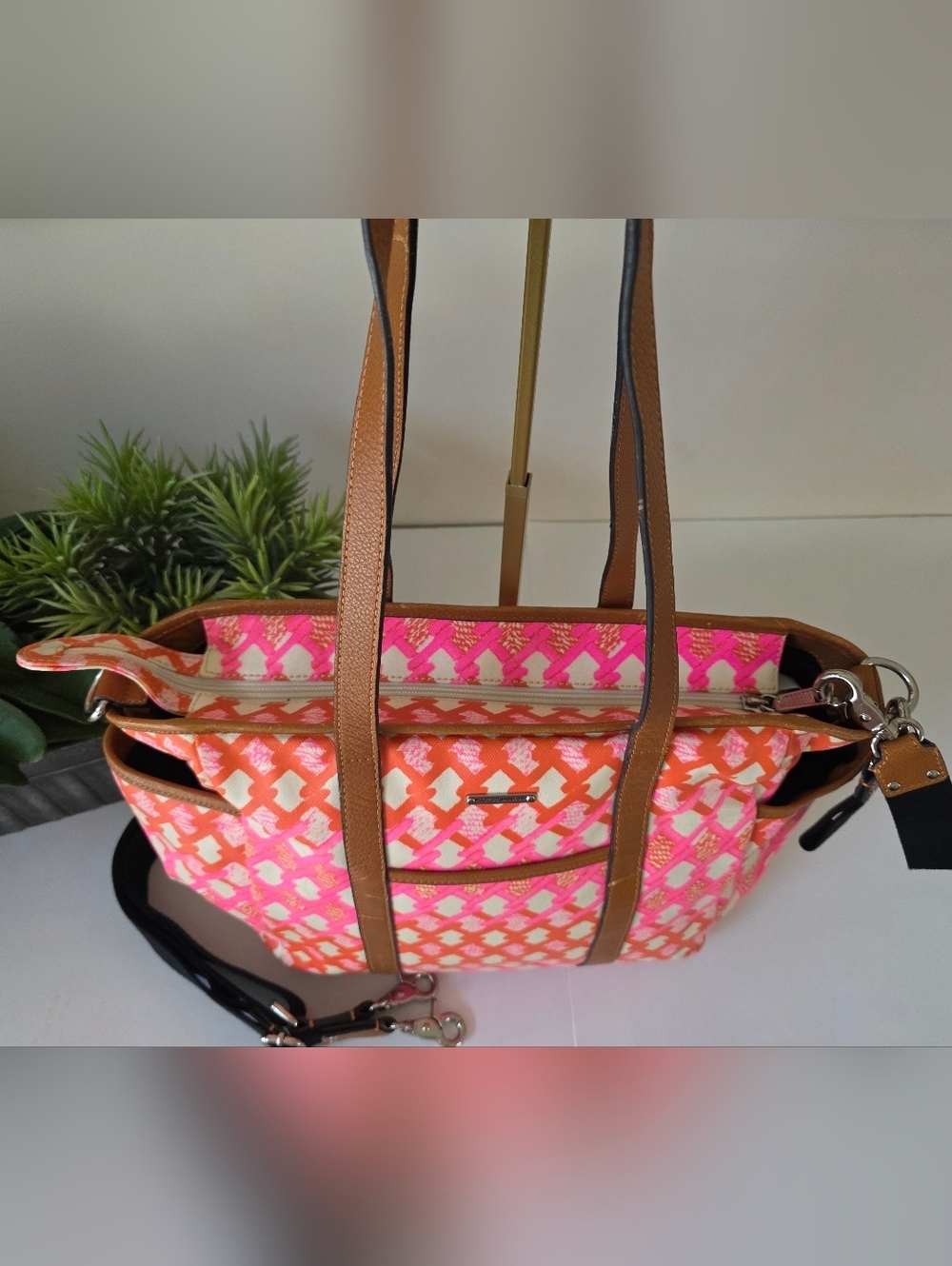 Rebecca Minkoff Neon Marissa Diaper Bag Tote Coated Canvas Pink Orange Crossbody - Picture 3 of 14
